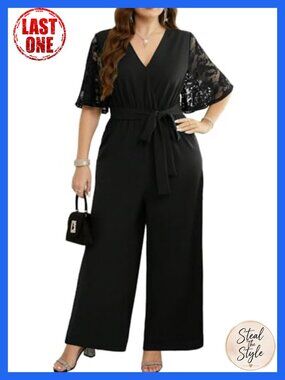 Plus Size Wide Leg Long Jumpsuit with Pockets Lace Sleeves V Neck